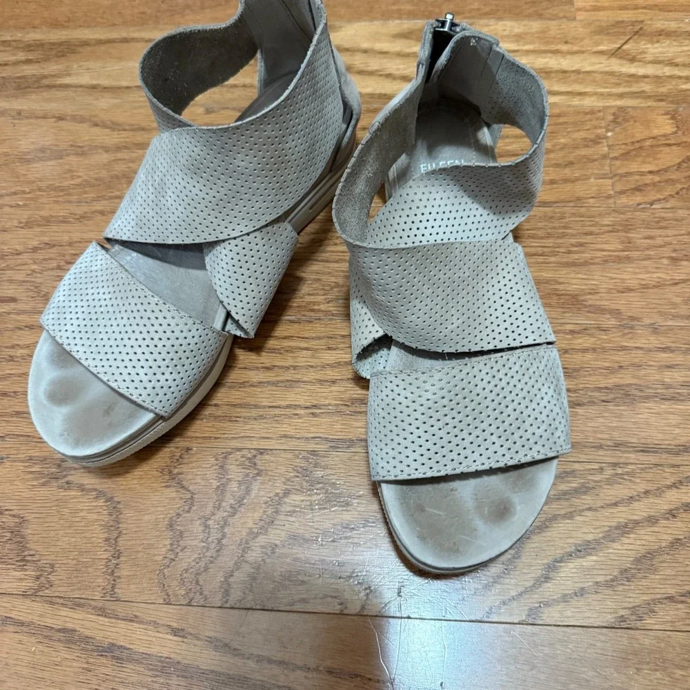 Eileen Fisher Size 8.5 Tan Sport Perforated Nubuck Ankle Wrap Platform Sandals‎